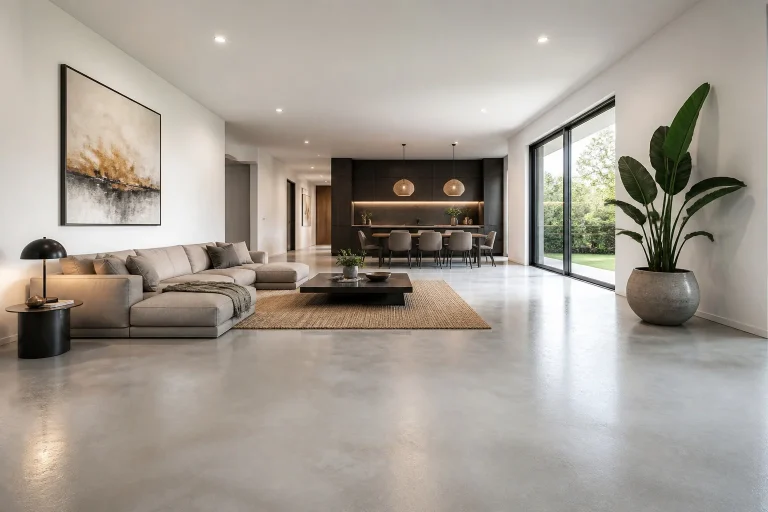 Salon moderne aux sols en beton cire