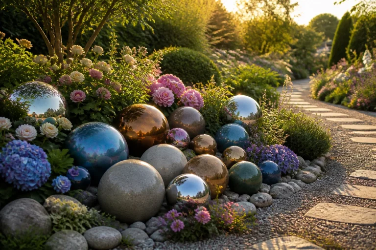 Spheres decoratives dans un jardin fleuri