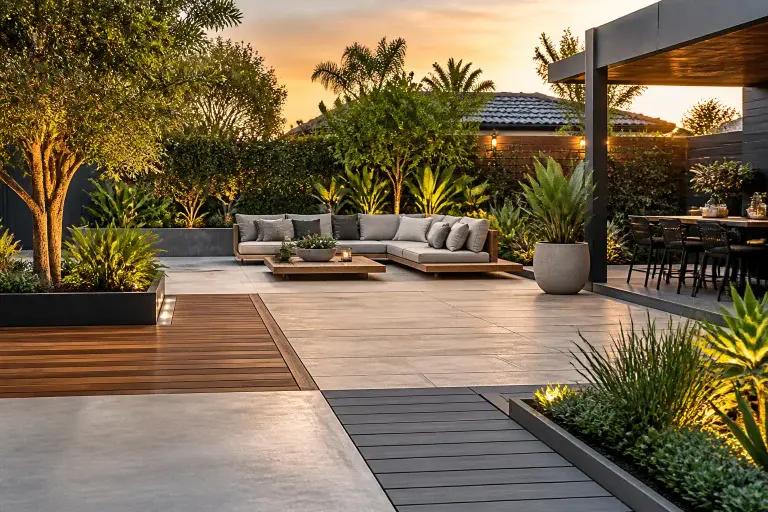 Terrasse moderne et accueillante au crepuscule