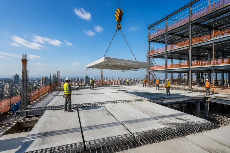 Chantier moderne pose de predalles de beton