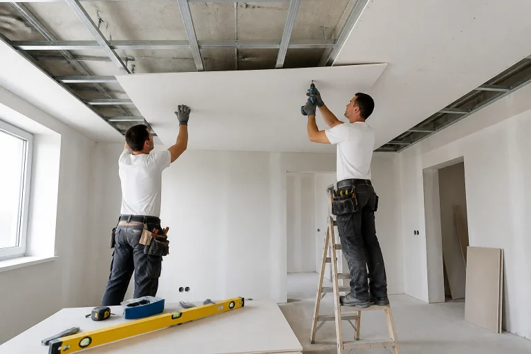 Pose de faux plafond en plaques de platre