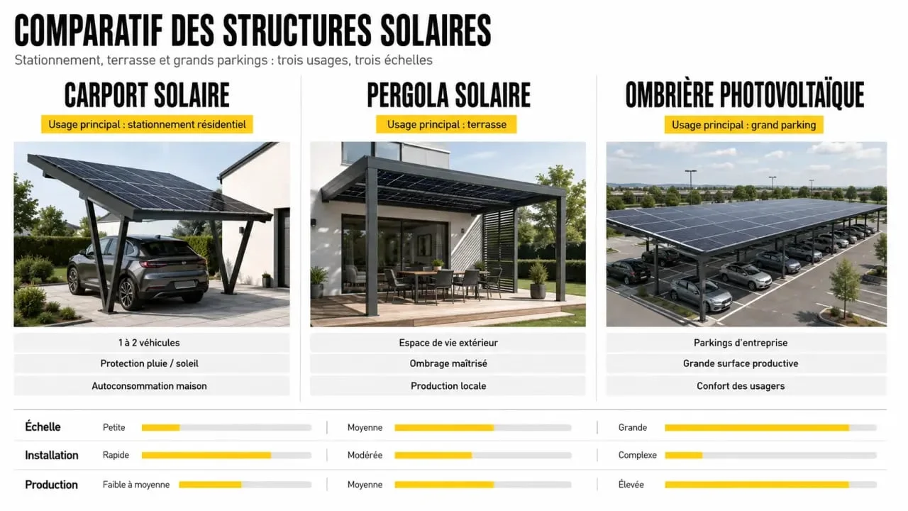 Comparatif du carport solaire avec la pergola solaire et l’ombrière photovoltaïque