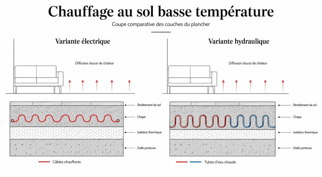 Chauffage au sol : coupe d’un système électrique et hydraulique sous le revêtement de sol