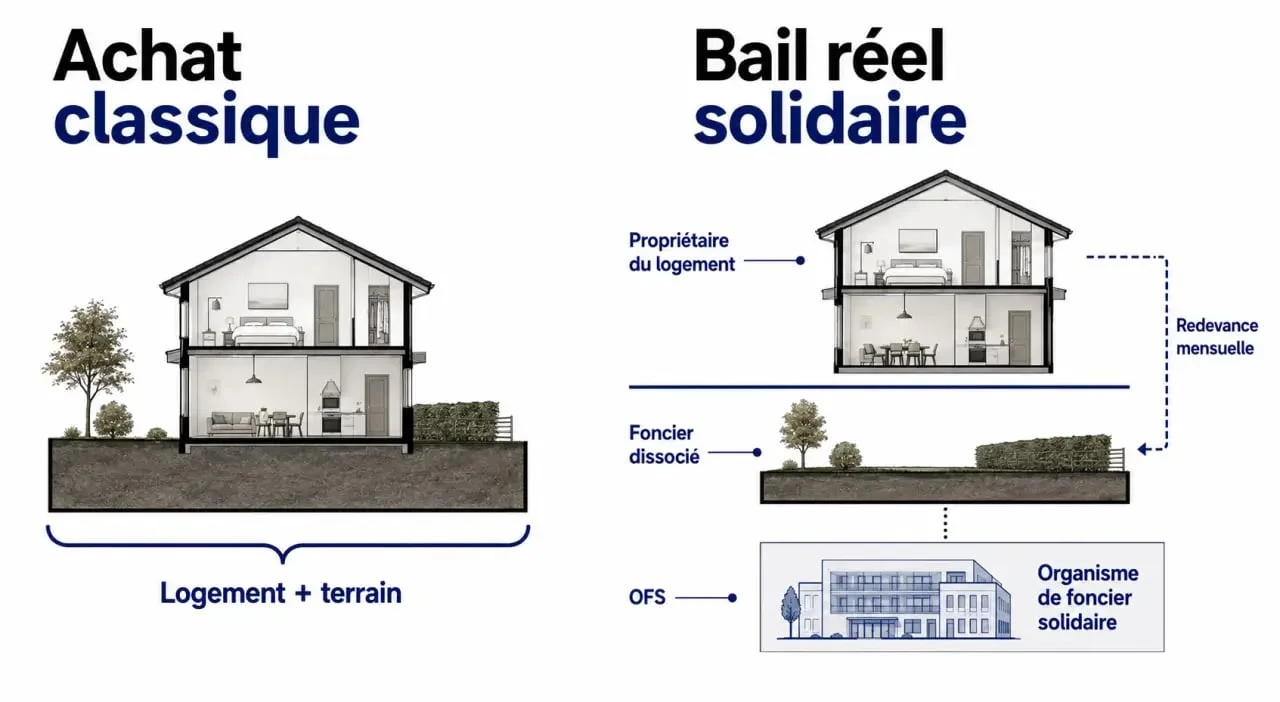 Bail réel solidaire : schéma comparant achat classique et séparation foncier-bâti
