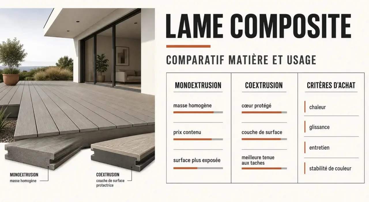 Lame terrasse composite : comparaison monoextrusion et coextrusion avec critères de choix